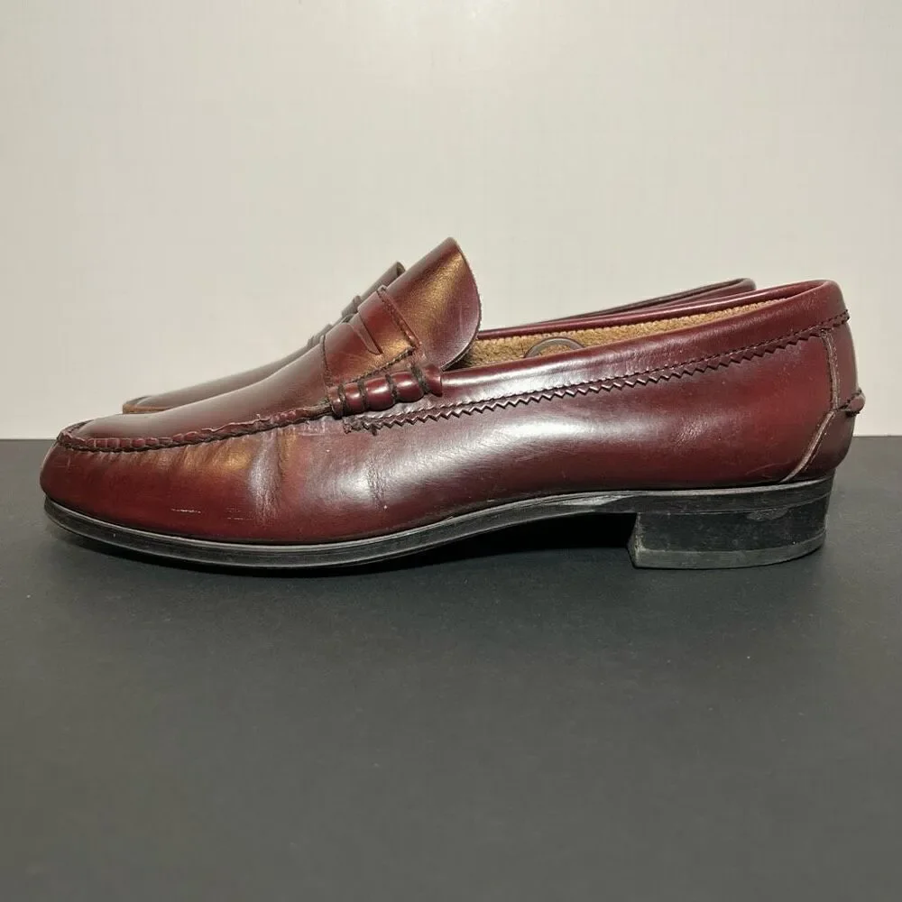 Mens HANDSEWN Cognac Brown Leather Slip On Moccasin Loafers / Size 9.5 Medium